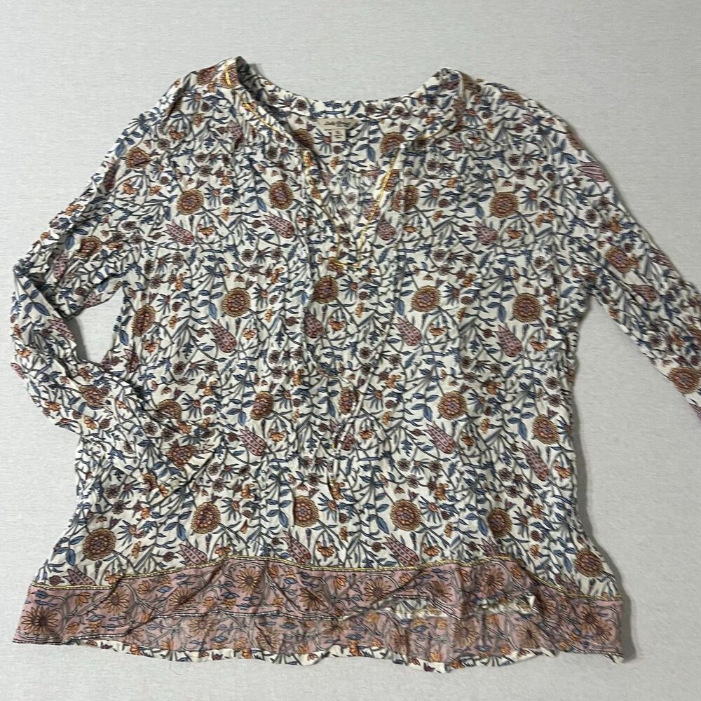 Lucky Brand Womens XL Floral Boho Blouse 100% Viscose Border Print Peasant Top